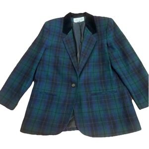 Vtg Blazer Jacket Green Tartan Plaid Equestrian Velvet Collar Preppy 10P Large